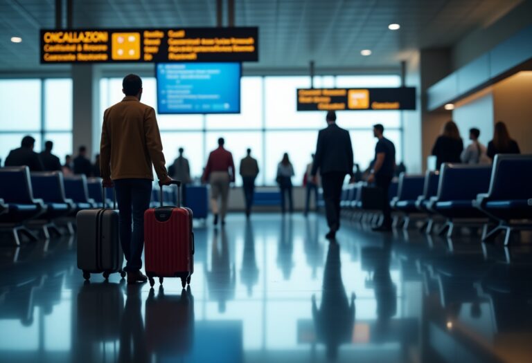 Aeroporto con passeggeri in attesa a causa di disservizi