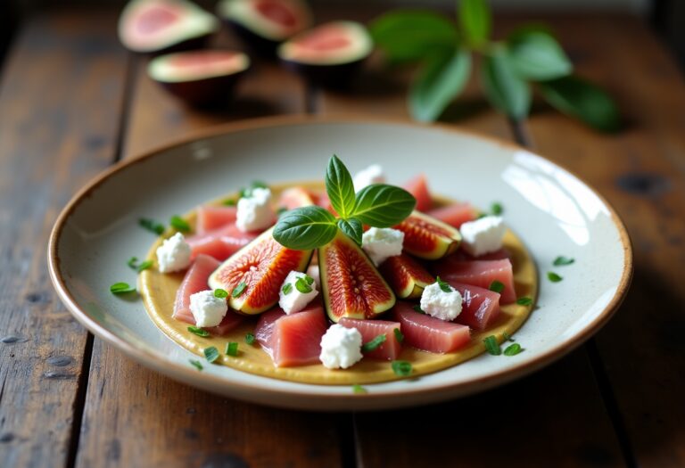 Carpaccio di higos con atún e formaggio feta fresco