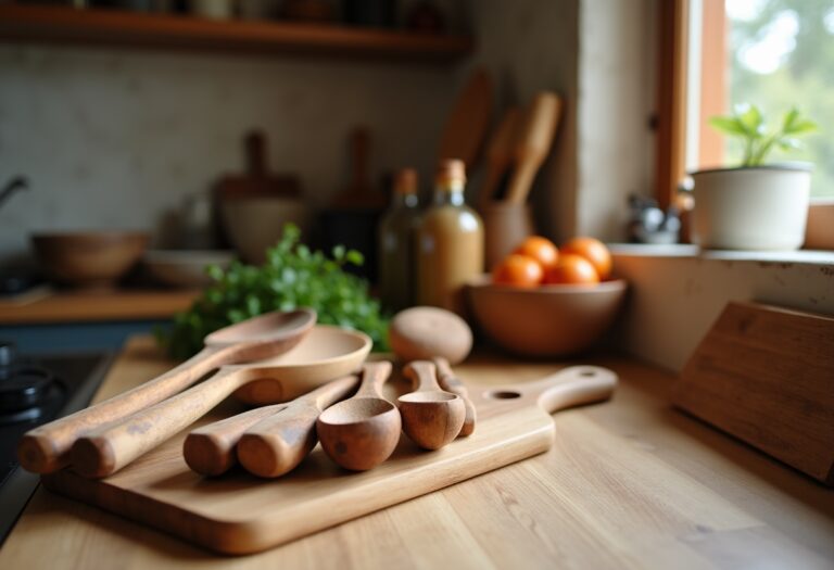 Utensili da cucina in legno puliti e lucidi
