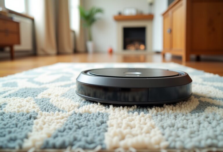 Robot aspirador limpiando una sala de estar moderna
