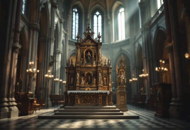 Dettaglio del retablo del Cordero Místico con simboli religiosi