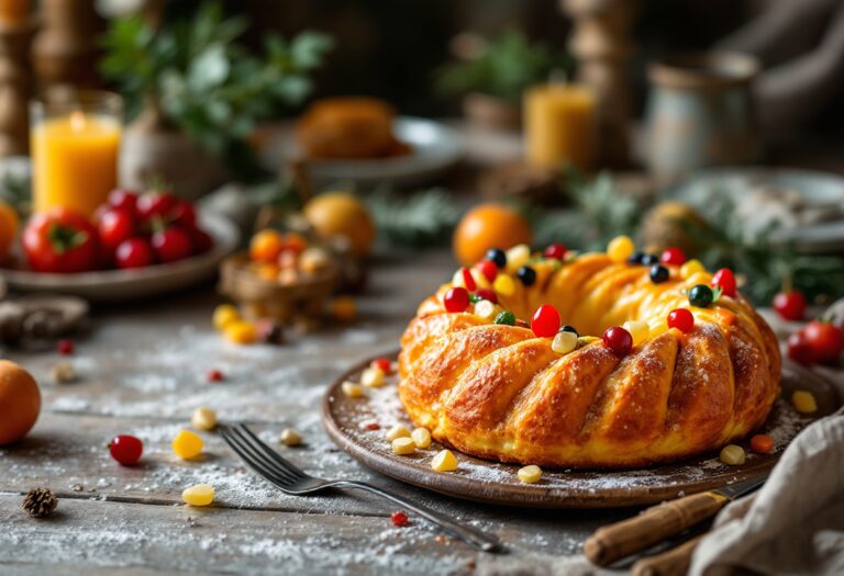 Roscón de Reyes decorado con frutta e crema
