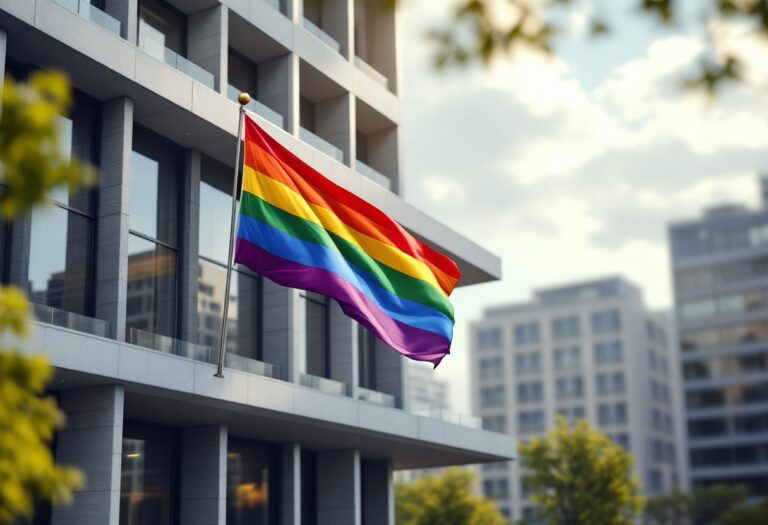 Edificio público con bandera arcoíris ondeando al viento