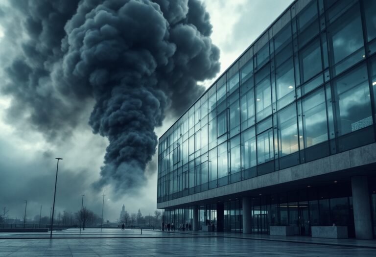 Colonna di fumo nero sopra un edificio in Madrid