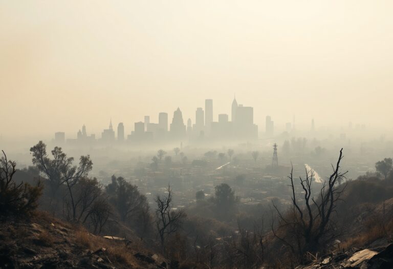 Incendio in corso a Los Angeles con fumi e distruzione