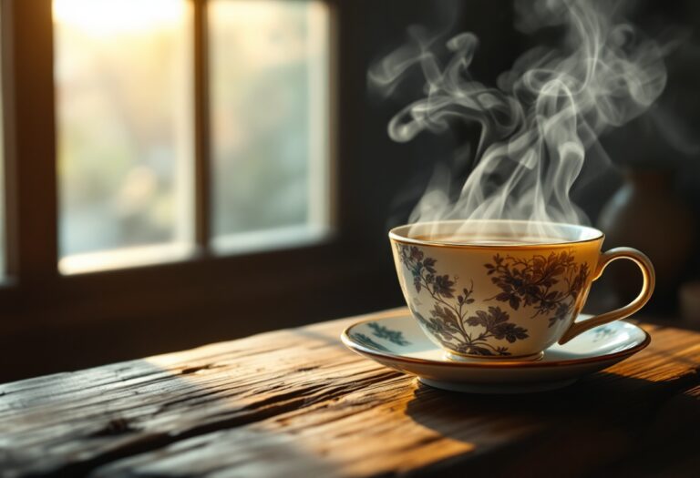 Té hojicha en una taza con hojas de té