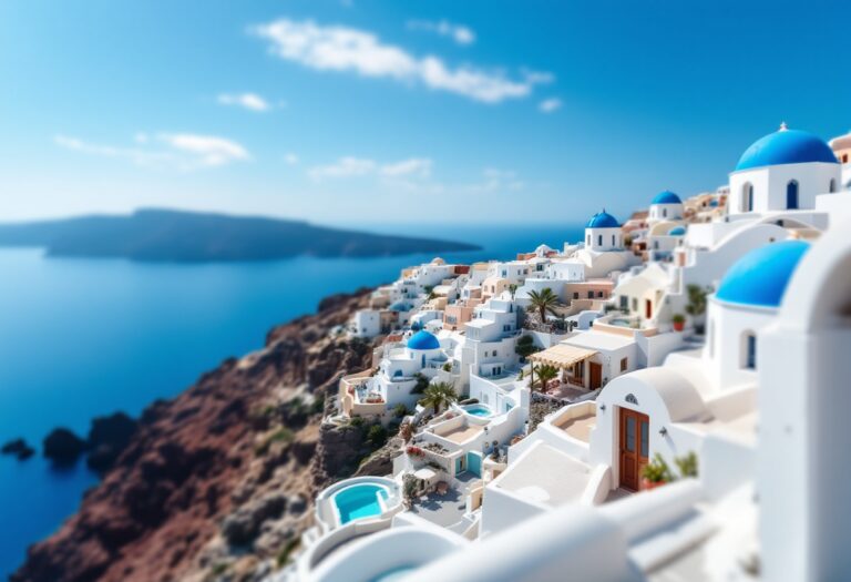 Vista panoramica di Santorini con vulcano attivo