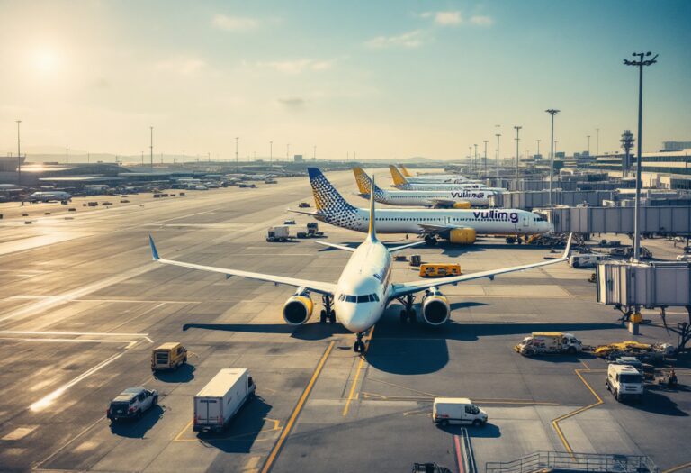 Logo Vueling con sfondo di aerei in volo