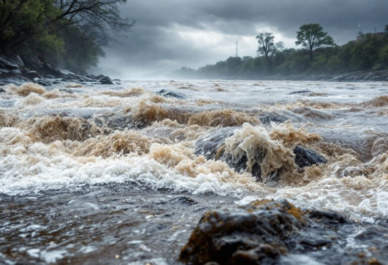 Río Manzanares con alto caudal tras lluvias intensas en Madrid