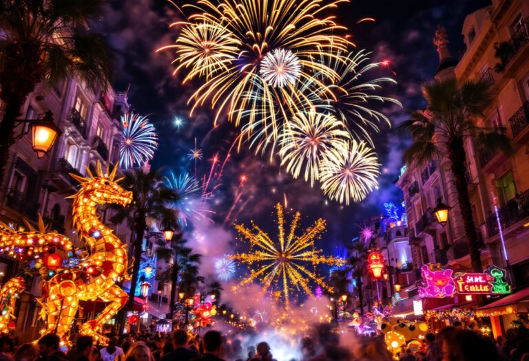 Fallas di Valencia con fuochi d'artificio e statue