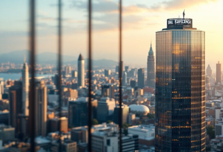 Logo di La Caixa con skyline di Barcellona sullo sfondo