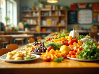 Immagine di un comedor escolar con cibo sano