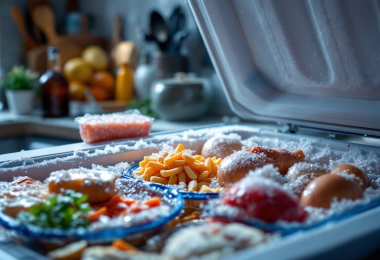 Alimentos congelados organizados en un congelador