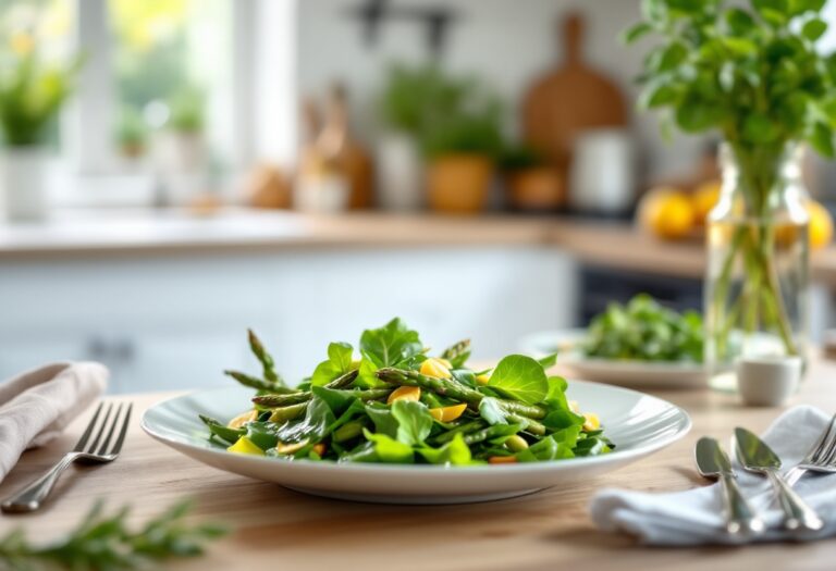 Ensalada colorida con espárragos verdes frescos