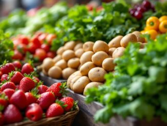 Coloridas frutas y verduras de temporada en primavera