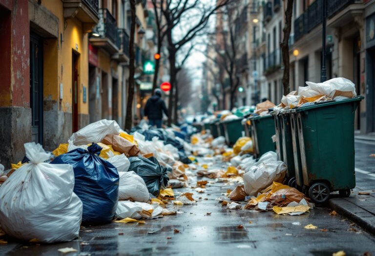 Lavoratori in sciopero per la raccolta dei rifiuti a Madrid