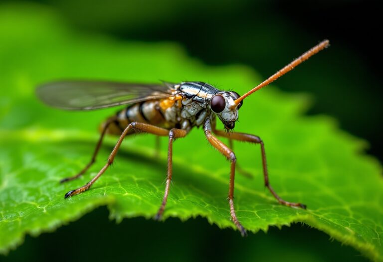 Immagine di una mosca escorpión su un ramo verde