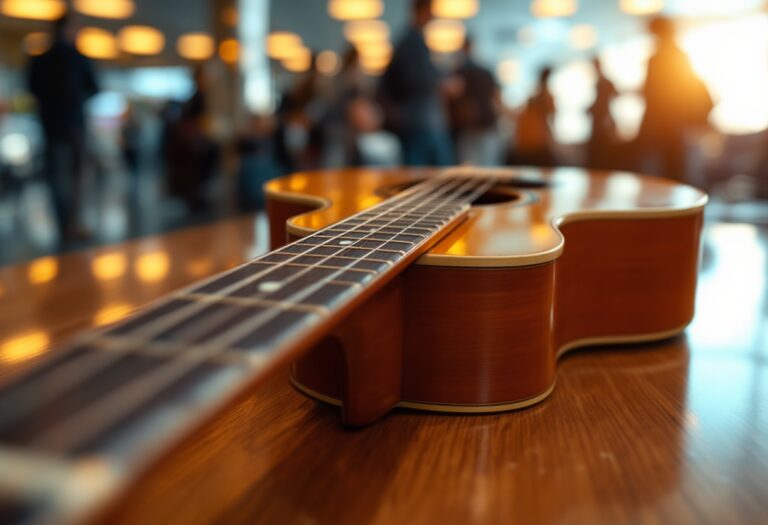 Músicos en el aeropuerto con sus instrumentos musicales