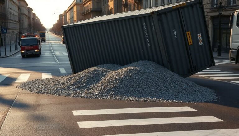 Autocarro carico di ghiaia si sdraia su un fianco a Ostra