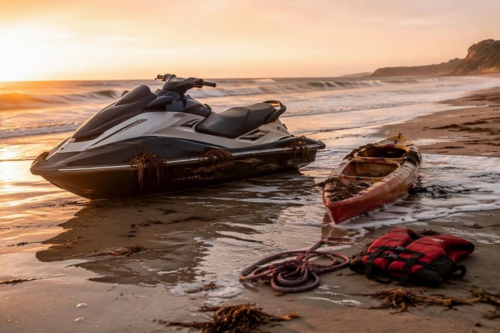 Intervento della Polizia con moto d’acqua per canoisti bloccati dal mare mosso