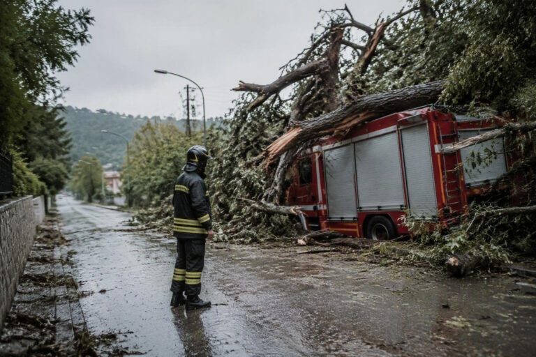Nubifragio ad Arcevia: vigile del fuoco ferito da albero caduto su camion dei pompieri