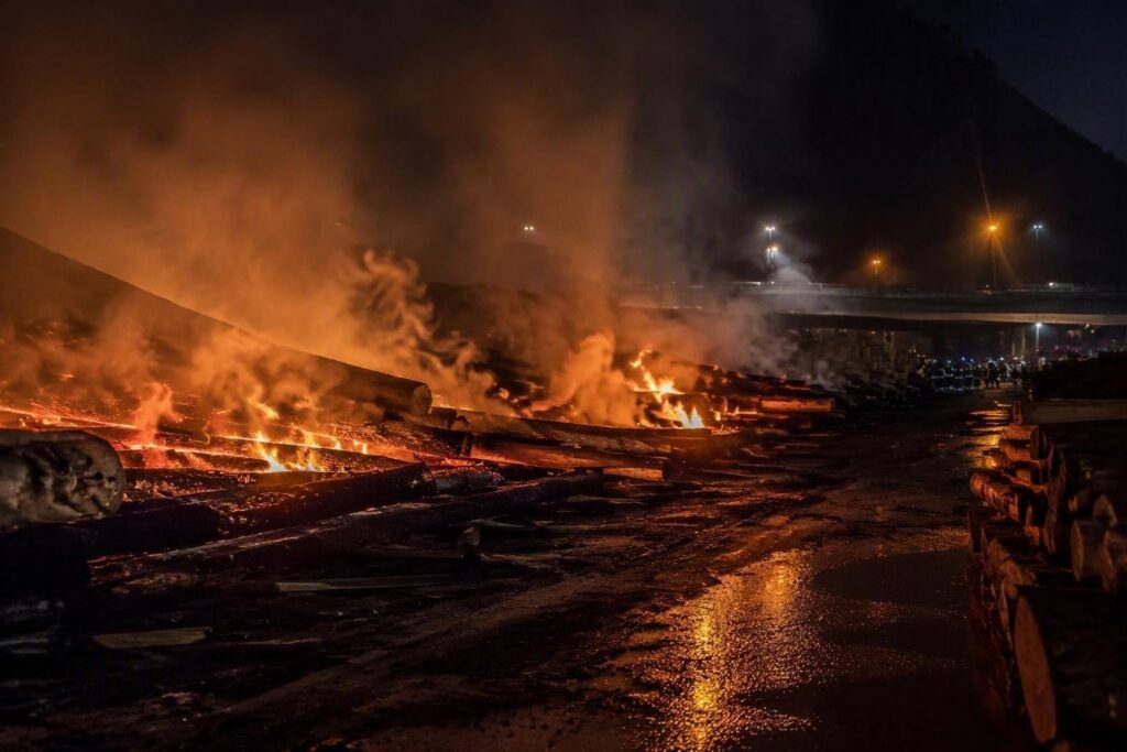 Incendio a Pontey: le fiamme divorano un deposito di legna nella zona industriale