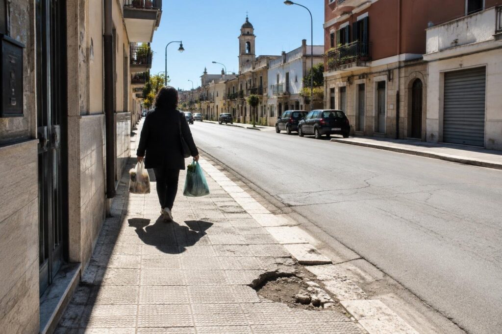 Caduta per buca a Capurso e sanzione per mancato uso del marciapiede