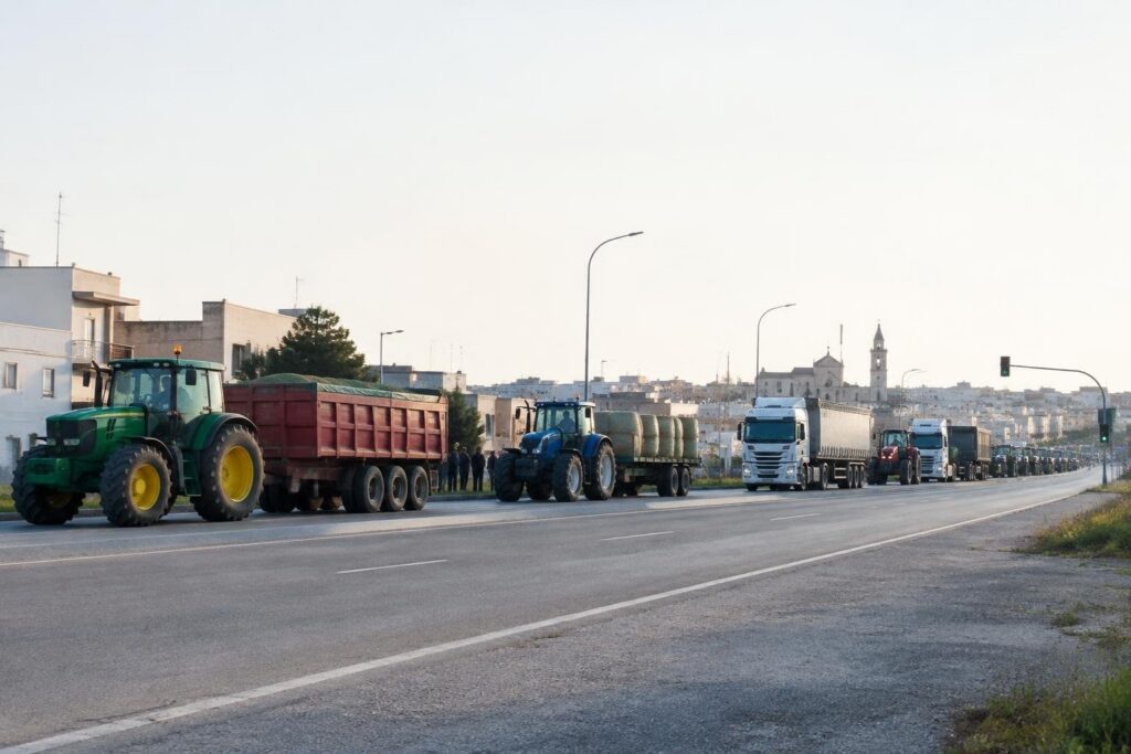 Protesta a Bitonto: trattori e tir bloccano la 231 per il caro vita