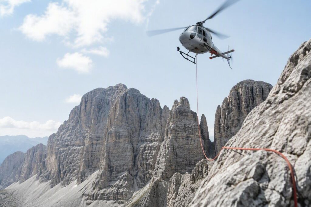 Recupero in elicottero per alpinista sospesa nel vuoto in Val di Fassa