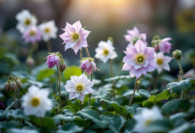 Elleboro in fiore durante l'inverno con foglie verdi