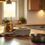 Cucina minimal calda: legni chiari, tessili e metalli caldi per spazi efficienti