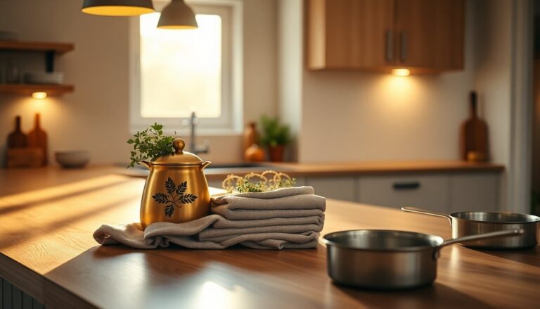 Cucina minimal calda: legni chiari, tessili e metalli caldi per spazi efficienti
