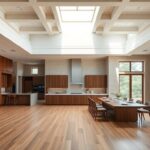 Design open space di alto livello: great room, cucina, sala da pranzo e wine-and-art room sotto soffitti a cassettoni