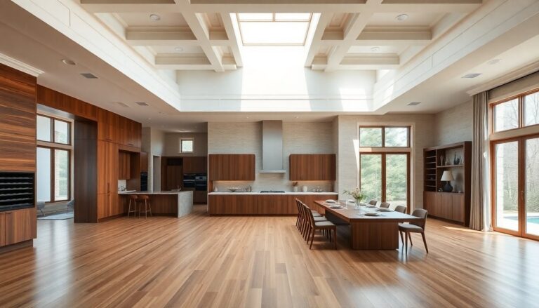 Design open space di alto livello: great room, cucina, sala da pranzo e wine-and-art room sotto soffitti a cassettoni