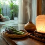 Atmosfera da spa in casa: palette, luci dimmerabili e tessili naturali