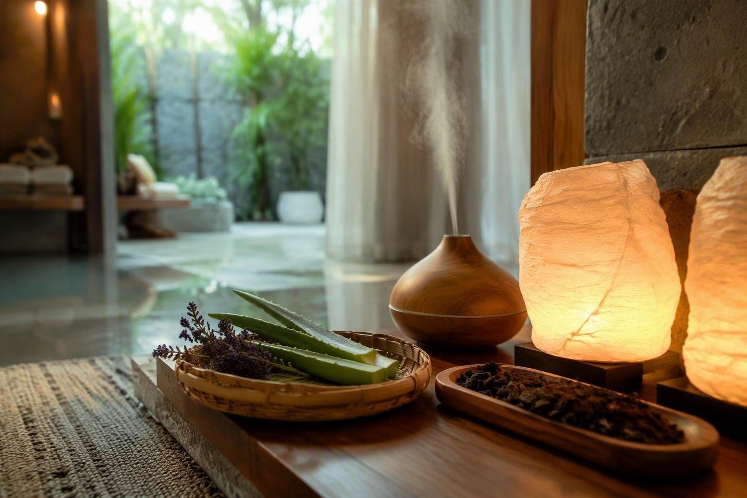 Atmosfera da spa in casa: palette, luci dimmerabili e tessili naturali