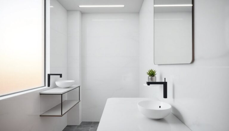 Bagno minimal: materiali anti-umidità e colori neutri senza tempo
