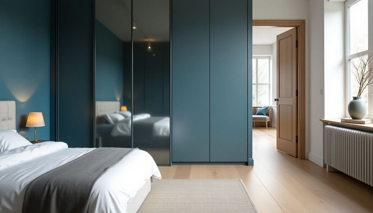 Camera da letto con parete azzurra e armadio a specchio: progetto, consigli e accorgimenti