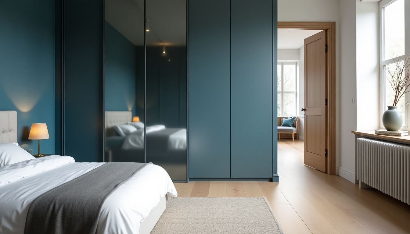 Camera da letto con parete azzurra e armadio a specchio: progetto, consigli e accorgimenti