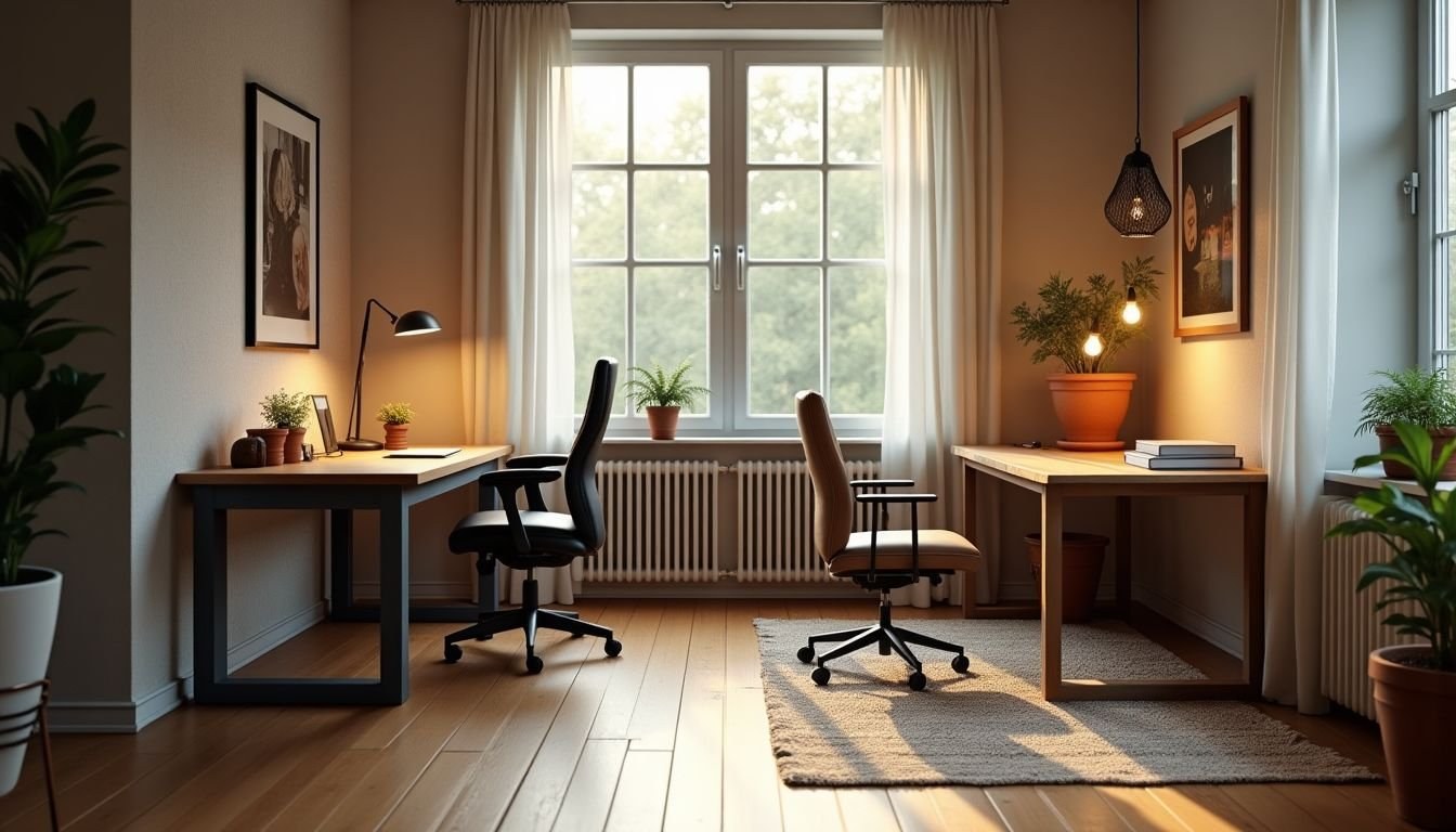 Home office di coppia: design industriale e boho coordinati da Decorilla