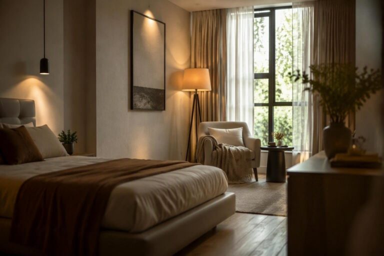 Illuminazione camera da letto: guida a luce a strati, colori chiari e tessuti riflettenti