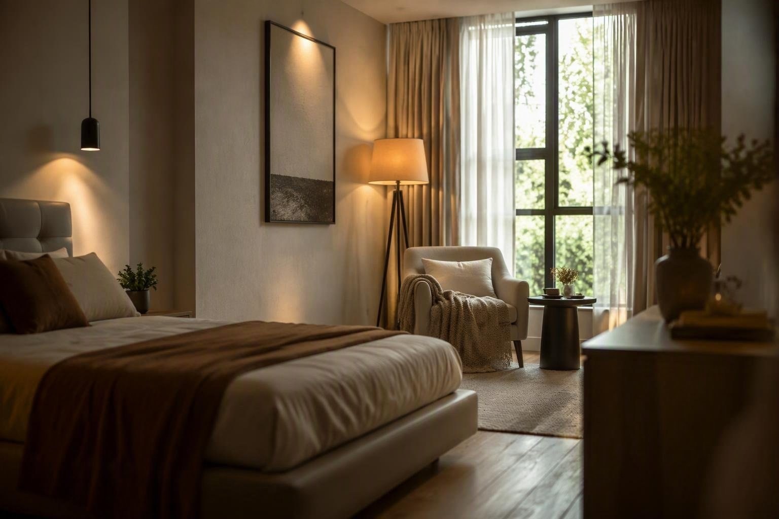 Illuminazione camera da letto: guida a luce a strati, colori chiari e tessuti riflettenti