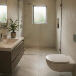 Bagno piccolo elegante con sanitari sospesi e doccia walk-in