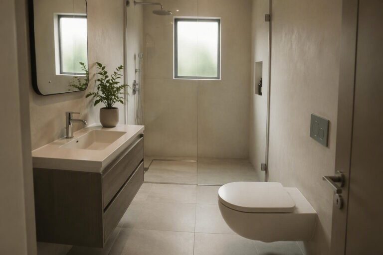 Bagno piccolo elegante con sanitari sospesi e doccia walk-in