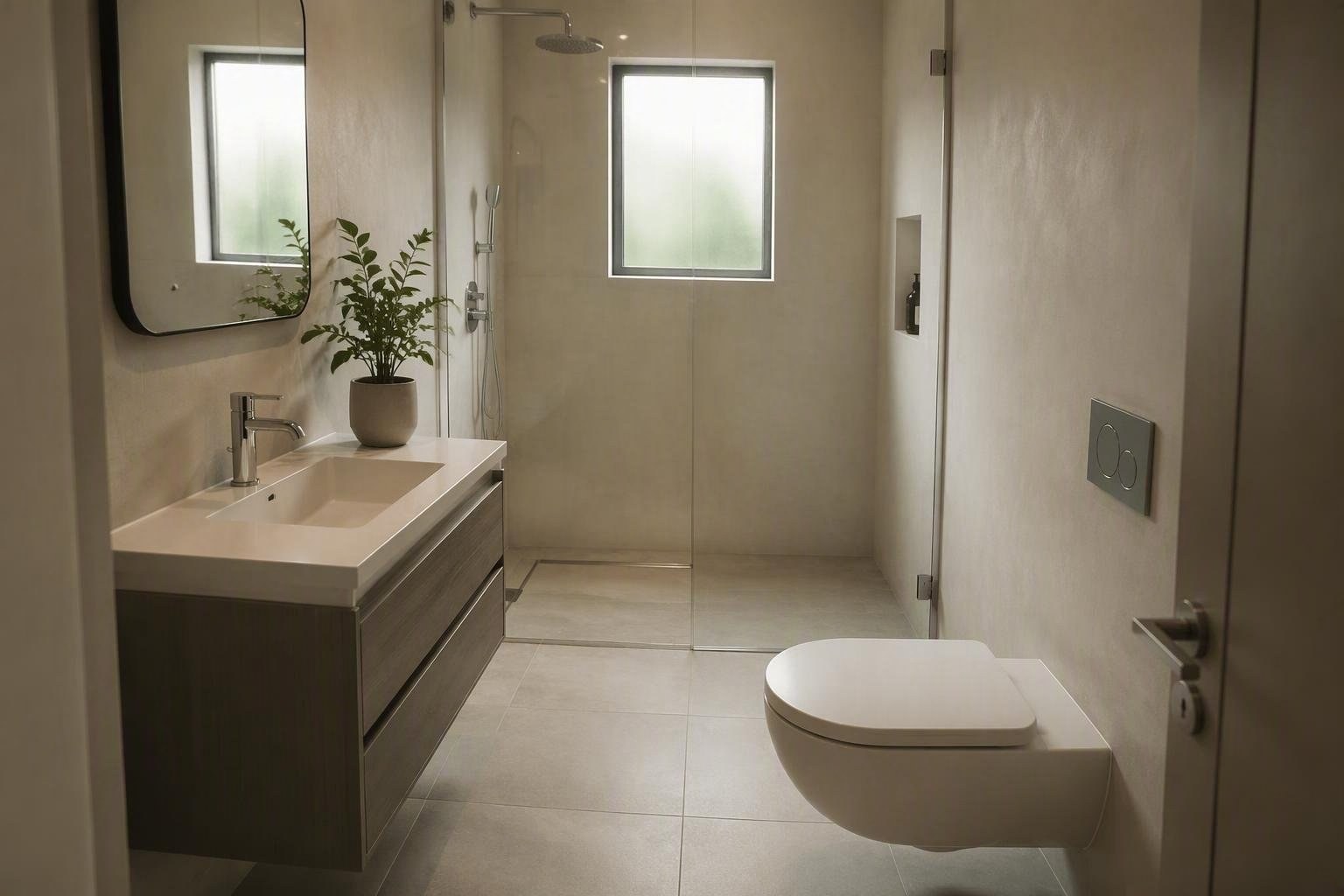 Bagno piccolo elegante con sanitari sospesi e doccia walk-in