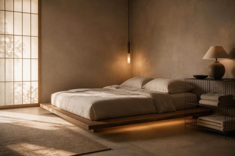 Camera da letto piccola: layering di luci e mobili sospesi