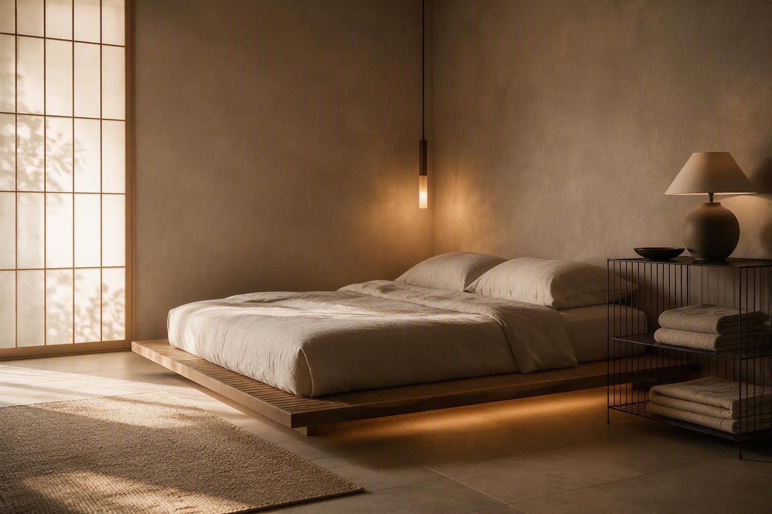 Camera da letto piccola: layering di luci e mobili sospesi