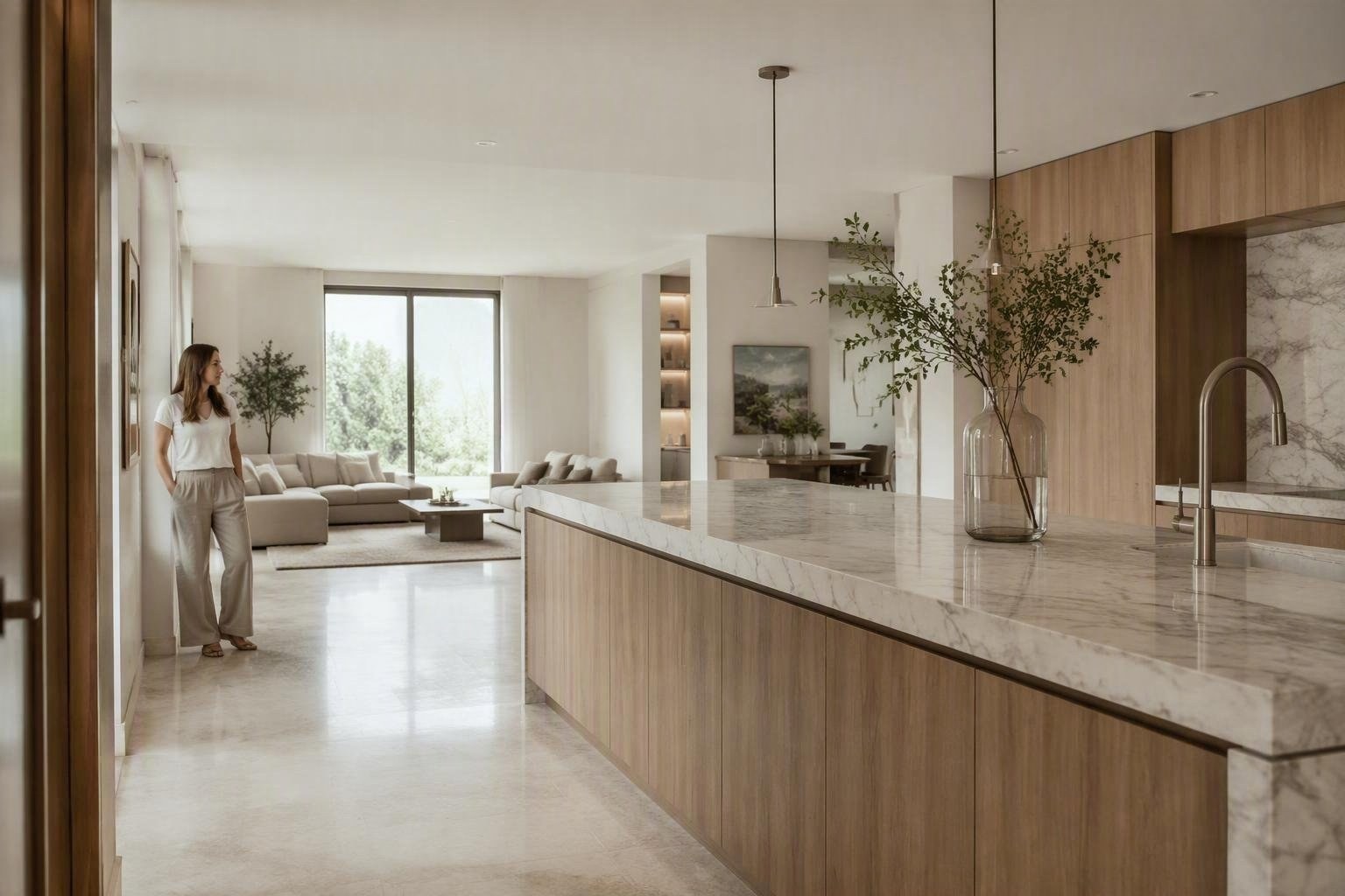 Come abbinare cucina e living con mobili in impiallacciato Cappuccino e marmo venato Imperiale