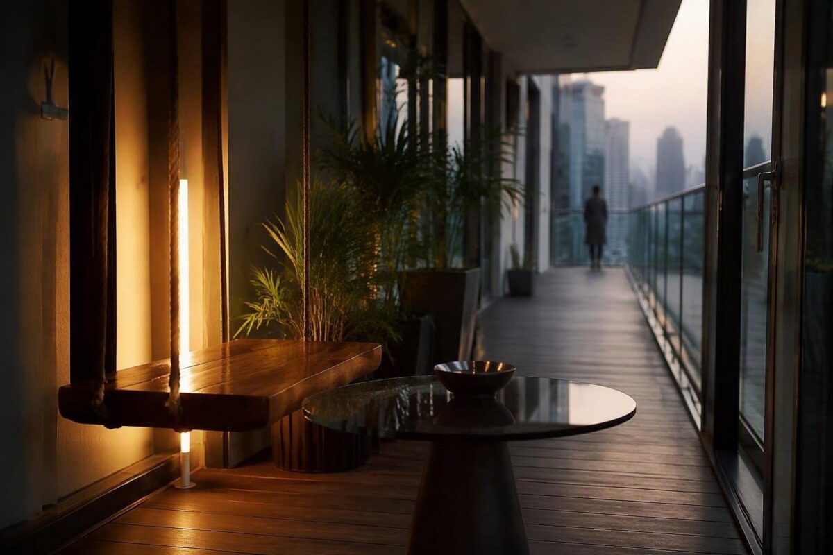 Come arredare un balcone stretto con arredi sospesi e vetrate tutto-vetro