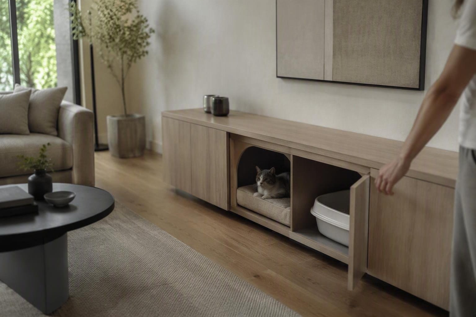 Cucce e lettiere design integrate nel soggiorno con eleganza